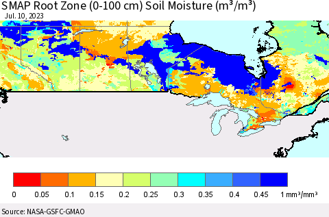 Canada SMAP Root Zone (0-100 cm) Soil Moisture (m³/m³) Thematic Map For 7/6/2023 - 7/10/2023