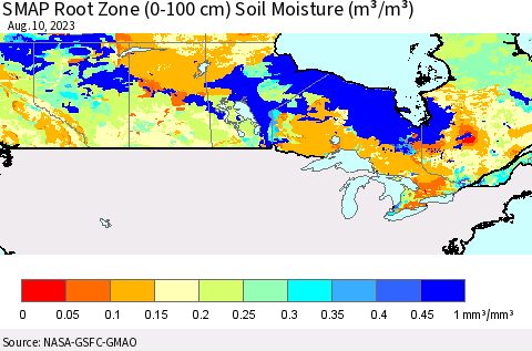 Canada SMAP Root Zone (0-100 cm) Soil Moisture (m³/m³) Thematic Map For 8/6/2023 - 8/10/2023