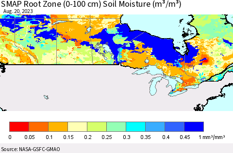 Canada SMAP Root Zone (0-100 cm) Soil Moisture (m³/m³) Thematic Map For 8/16/2023 - 8/20/2023