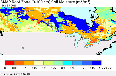 Canada SMAP Root Zone (0-100 cm) Soil Moisture (m³/m³) Thematic Map For 9/11/2023 - 9/15/2023