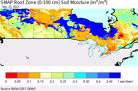 Canada SMAP Root Zone (0-100 cm) Soil Moisture (m³/m³) Thematic Map For 9/21/2023 - 9/25/2023