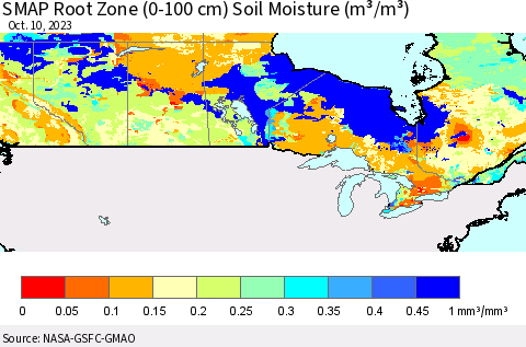 Canada SMAP Root Zone (0-100 cm) Soil Moisture (m³/m³) Thematic Map For 10/6/2023 - 10/10/2023