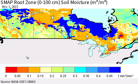 Canada SMAP Root Zone (0-100 cm) Soil Moisture (m³/m³) Thematic Map For 11/1/2023 - 11/5/2023