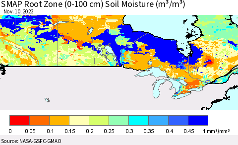 Canada SMAP Root Zone (0-100 cm) Soil Moisture (m³/m³) Thematic Map For 11/6/2023 - 11/10/2023
