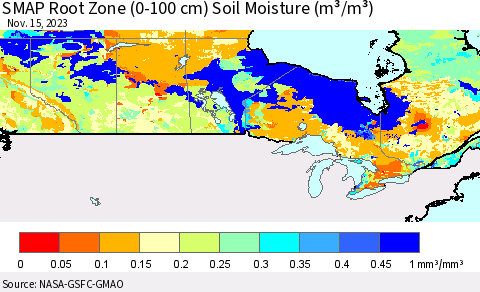 Canada SMAP Root Zone (0-100 cm) Soil Moisture (m³/m³) Thematic Map For 11/11/2023 - 11/15/2023