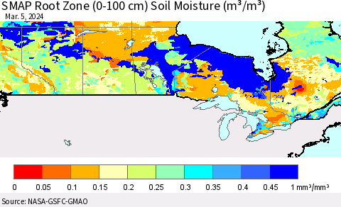 Canada SMAP Root Zone (0-100 cm) Soil Moisture (m³/m³) Thematic Map For 3/1/2024 - 3/5/2024
