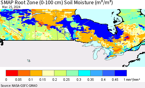 Canada SMAP Root Zone (0-100 cm) Soil Moisture (m³/m³) Thematic Map For 3/21/2024 - 3/25/2024