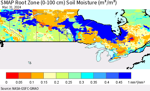 Canada SMAP Root Zone (0-100 cm) Soil Moisture (m³/m³) Thematic Map For 3/26/2024 - 3/31/2024