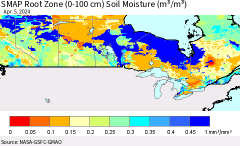 Canada SMAP Root Zone (0-100 cm) Soil Moisture (m³/m³) Thematic Map For 4/1/2024 - 4/5/2024