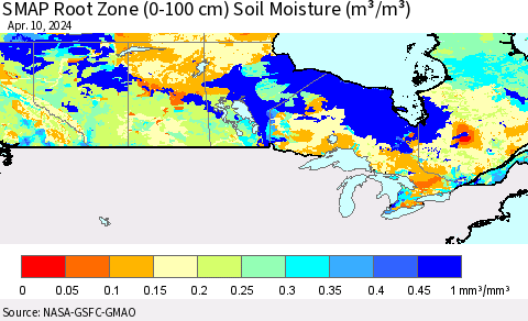 Canada SMAP Root Zone (0-100 cm) Soil Moisture (m³/m³) Thematic Map For 4/6/2024 - 4/10/2024