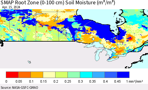 Canada SMAP Root Zone (0-100 cm) Soil Moisture (m³/m³) Thematic Map For 4/11/2024 - 4/15/2024