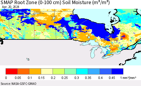 Canada SMAP Root Zone (0-100 cm) Soil Moisture (m³/m³) Thematic Map For 4/16/2024 - 4/20/2024