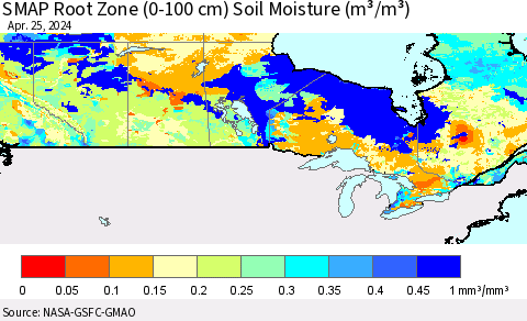 Canada SMAP Root Zone (0-100 cm) Soil Moisture (m³/m³) Thematic Map For 4/21/2024 - 4/25/2024