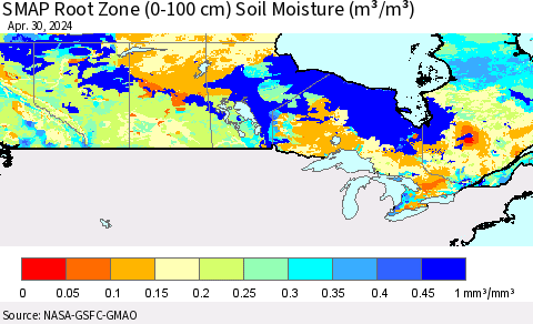 Canada SMAP Root Zone (0-100 cm) Soil Moisture (m³/m³) Thematic Map For 4/26/2024 - 4/30/2024