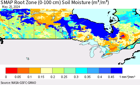 Canada SMAP Root Zone (0-100 cm) Soil Moisture (m³/m³) Thematic Map For 5/21/2024 - 5/25/2024
