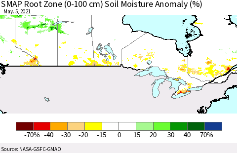 Canada SMAP Root Zone (0-100 cm) Soil Moisture Anomaly (%) Thematic Map For 5/1/2021 - 5/5/2021