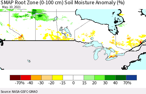 Canada SMAP Root Zone (0-100 cm) Soil Moisture Anomaly (%) Thematic Map For 5/6/2021 - 5/10/2021