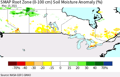 Canada SMAP Root Zone (0-100 cm) Soil Moisture Anomaly (%) Thematic Map For 5/11/2021 - 5/15/2021