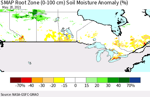 Canada SMAP Root Zone (0-100 cm) Soil Moisture Anomaly (%) Thematic Map For 5/16/2021 - 5/20/2021