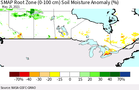Canada SMAP Root Zone (0-100 cm) Soil Moisture Anomaly (%) Thematic Map For 5/21/2021 - 5/25/2021