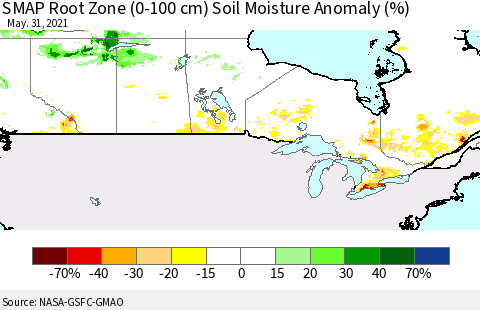 Canada SMAP Root Zone (0-100 cm) Soil Moisture Anomaly (%) Thematic Map For 5/26/2021 - 5/31/2021