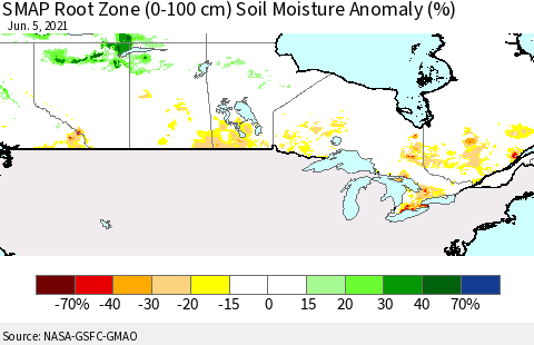 Canada SMAP Root Zone (0-100 cm) Soil Moisture Anomaly (%) Thematic Map For 6/1/2021 - 6/5/2021