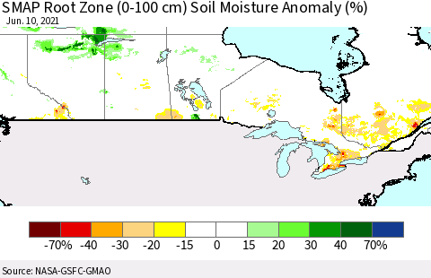 Canada SMAP Root Zone (0-100 cm) Soil Moisture Anomaly (%) Thematic Map For 6/6/2021 - 6/10/2021