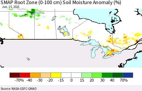 Canada SMAP Root Zone (0-100 cm) Soil Moisture Anomaly (%) Thematic Map For 6/11/2021 - 6/15/2021