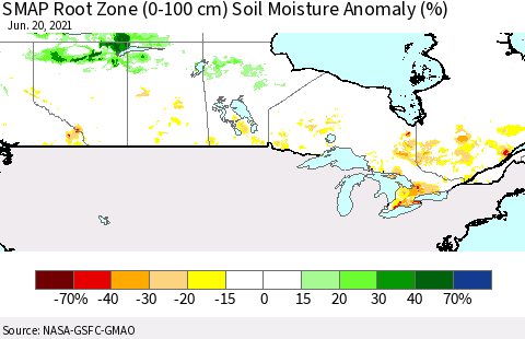 Canada SMAP Root Zone (0-100 cm) Soil Moisture Anomaly (%) Thematic Map For 6/16/2021 - 6/20/2021