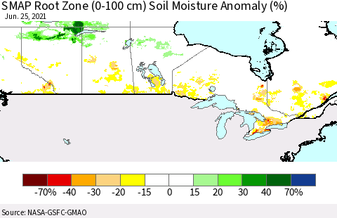 Canada SMAP Root Zone (0-100 cm) Soil Moisture Anomaly (%) Thematic Map For 6/21/2021 - 6/25/2021