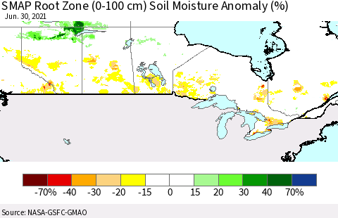 Canada SMAP Root Zone (0-100 cm) Soil Moisture Anomaly (%) Thematic Map For 6/26/2021 - 6/30/2021