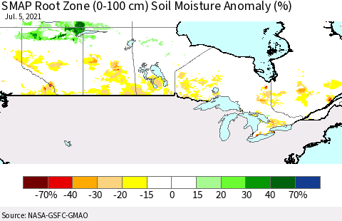 Canada SMAP Root Zone (0-100 cm) Soil Moisture Anomaly (%) Thematic Map For 7/1/2021 - 7/5/2021