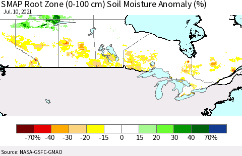 Canada SMAP Root Zone (0-100 cm) Soil Moisture Anomaly (%) Thematic Map For 7/6/2021 - 7/10/2021