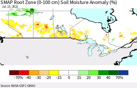 Canada SMAP Root Zone (0-100 cm) Soil Moisture Anomaly (%) Thematic Map For 7/11/2021 - 7/15/2021