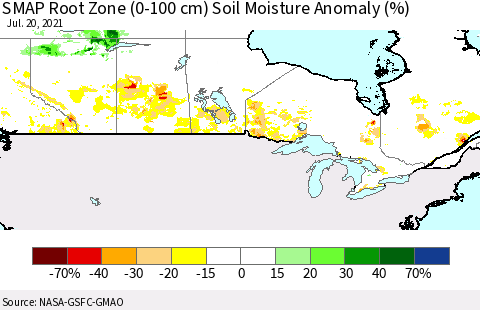 Canada SMAP Root Zone (0-100 cm) Soil Moisture Anomaly (%) Thematic Map For 7/16/2021 - 7/20/2021