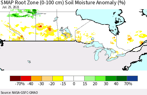Canada SMAP Root Zone (0-100 cm) Soil Moisture Anomaly (%) Thematic Map For 7/21/2021 - 7/25/2021