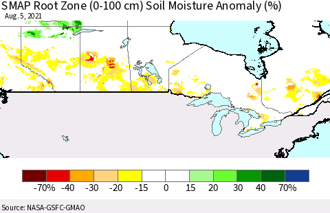 Canada SMAP Root Zone (0-100 cm) Soil Moisture Anomaly (%) Thematic Map For 8/1/2021 - 8/5/2021