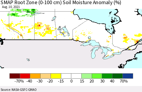 Canada SMAP Root Zone (0-100 cm) Soil Moisture Anomaly (%) Thematic Map For 8/6/2021 - 8/10/2021