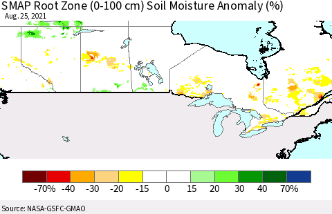 Canada SMAP Root Zone (0-100 cm) Soil Moisture Anomaly (%) Thematic Map For 8/21/2021 - 8/25/2021