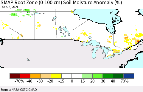 Canada SMAP Root Zone (0-100 cm) Soil Moisture Anomaly (%) Thematic Map For 9/1/2021 - 9/5/2021