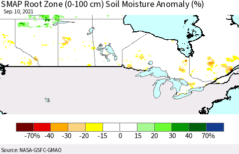 Canada SMAP Root Zone (0-100 cm) Soil Moisture Anomaly (%) Thematic Map For 9/6/2021 - 9/10/2021
