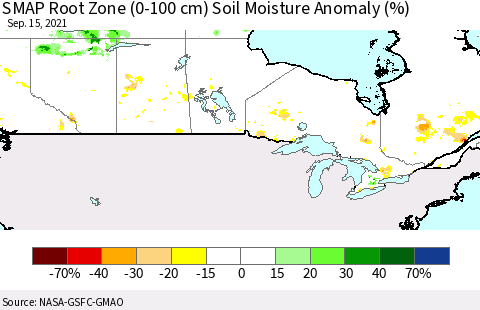 Canada SMAP Root Zone (0-100 cm) Soil Moisture Anomaly (%) Thematic Map For 9/11/2021 - 9/15/2021