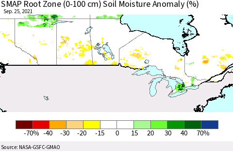 Canada SMAP Root Zone (0-100 cm) Soil Moisture Anomaly (%) Thematic Map For 9/21/2021 - 9/25/2021