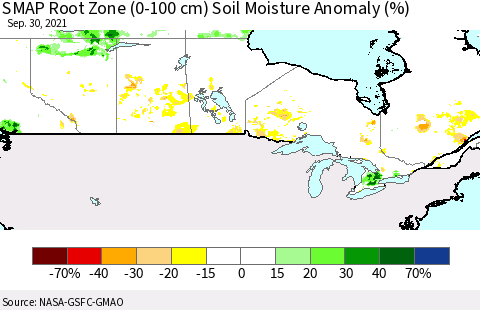 Canada SMAP Root Zone (0-100 cm) Soil Moisture Anomaly (%) Thematic Map For 9/26/2021 - 9/30/2021