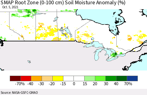 Canada SMAP Root Zone (0-100 cm) Soil Moisture Anomaly (%) Thematic Map For 10/1/2021 - 10/5/2021