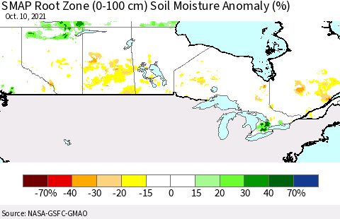 Canada SMAP Root Zone (0-100 cm) Soil Moisture Anomaly (%) Thematic Map For 10/6/2021 - 10/10/2021