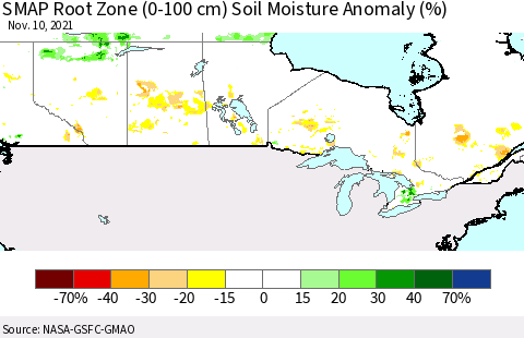 Canada SMAP Root Zone (0-100 cm) Soil Moisture Anomaly (%) Thematic Map For 11/6/2021 - 11/10/2021