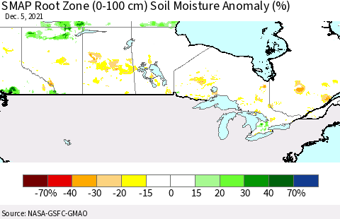 Canada SMAP Root Zone (0-100 cm) Soil Moisture Anomaly (%) Thematic Map For 12/1/2021 - 12/5/2021