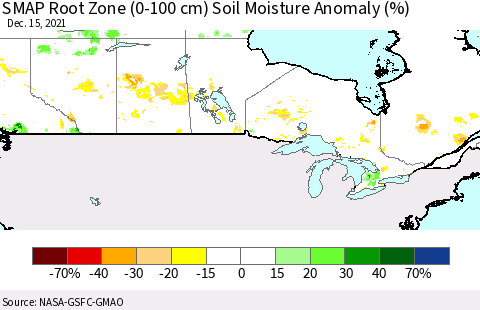 Canada SMAP Root Zone (0-100 cm) Soil Moisture Anomaly (%) Thematic Map For 12/11/2021 - 12/15/2021