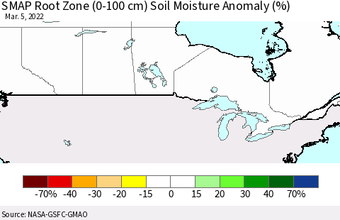 Canada SMAP Root Zone (0-100 cm) Soil Moisture Anomaly (%) Thematic Map For 3/1/2022 - 3/5/2022